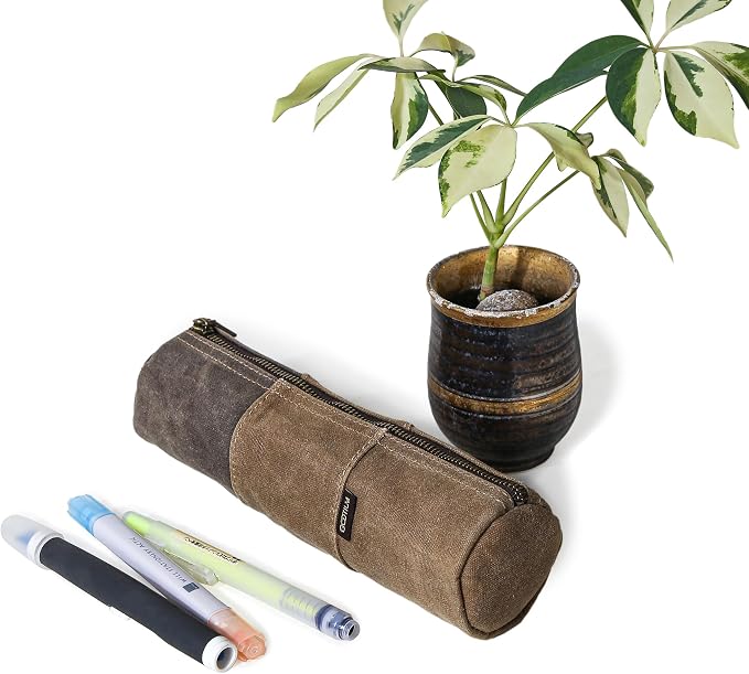 GOOTIUM Waxed Canvas Pencil Pouch - Vintage Zippered Stationery Organizer for Pens, Pencils, and Accessories Handmade Multi-Purpose Utility Case, Tan