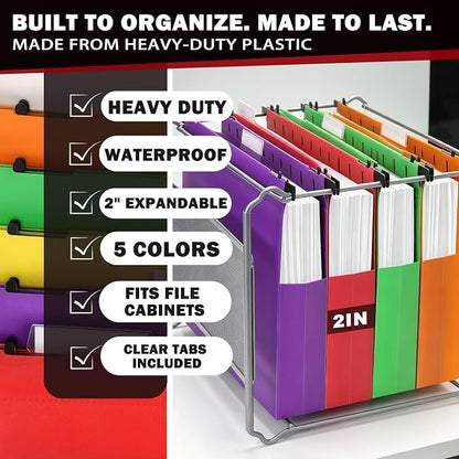 Navona 5 Pack Plastic Hanging File Folders, Letter Size | Heavy Duty 2" Expanding Pockets with Clear Tabs, Reusable File Organizer for Home, Office & Filing Cabinets, 5 Colors