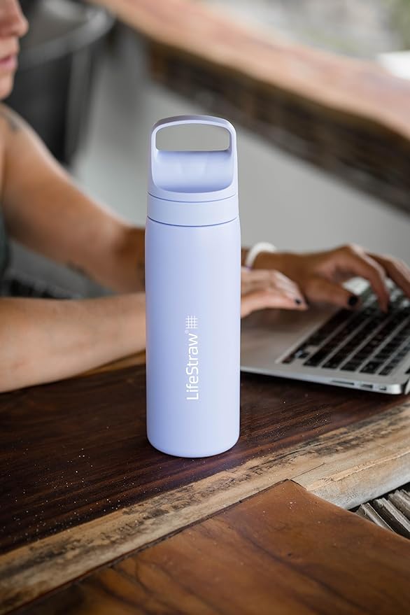 LifeStraw Go Series – Insulated Stainless Steel Water Filter Bottle for Travel and Everyday Use, Removes Bacteria, Parasites and Microplastics, Improves Taste, 18oz Provence Purple