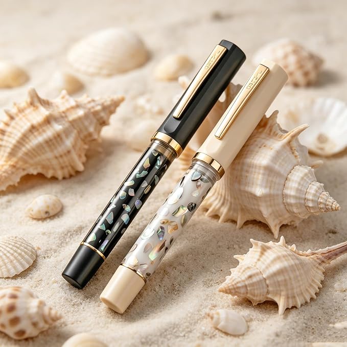 Jinhao 58 Fountain Pen - Natural Sea Shell Inlay Fine Nib Writing Pen with 3.4mm Ink Converter & Silver Metal Gift Box,Matte Black