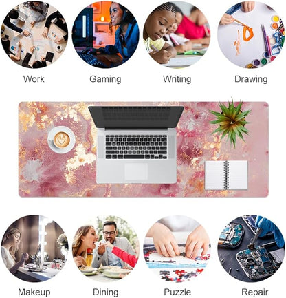 QIYI Large Mouse Pad, Cute Pink Desk Mat for Desktop, Women Girls PU Leather Waterproof Gaming, Rose Gold Marble Computer PC Laptop Protector Writing Pads for School Office Home 31.5" x 11.8"