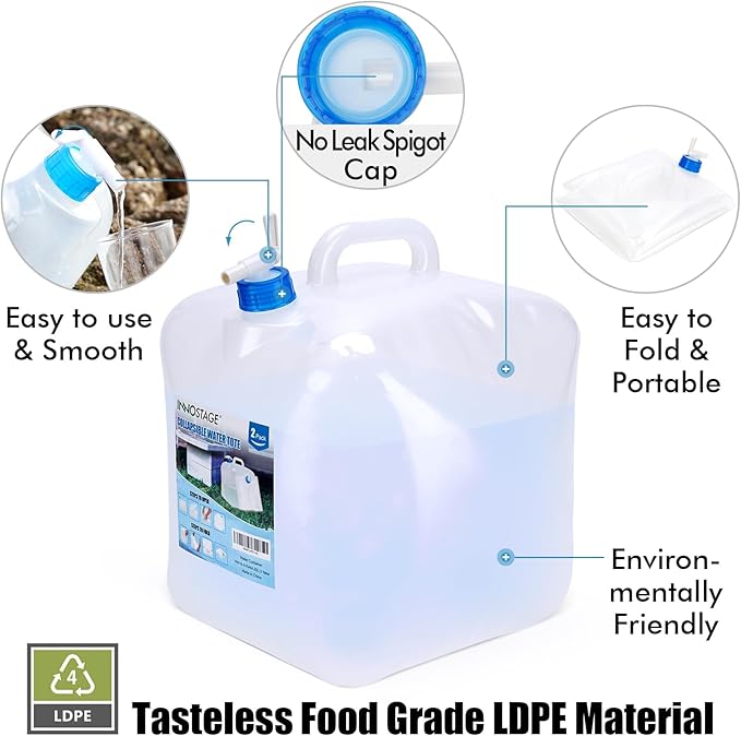 INNO STAGE 2 PACK Collapsible Water Container 5.3 Gallon with Spigot, Camping Water Storage Carrier Jug for Outdoors Hiking, Foldable Portable Water Canteen