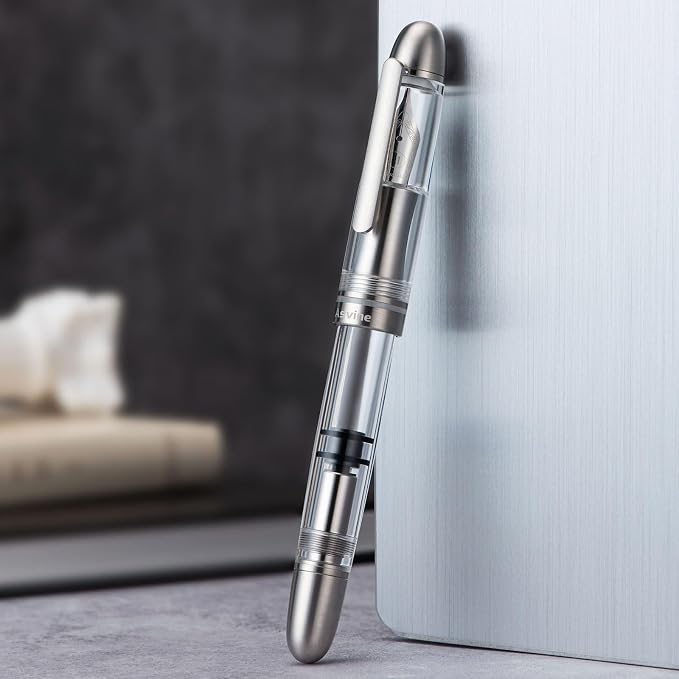 Asvine P36 Titanium Fountain Pen Piston Filling, Stub Nib 1.1mm Calligraphy Art Drawing Clear Demonstrator Acrylic with Case Set