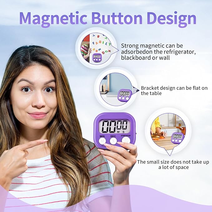 2 Pack Pack Digital Kitchen Timer Magnetic Digital Timer with Big Display Loud Ring Cooking Timers for Cooking, Game, Gym, Break Time, Classroom (2, Blue, Purple)