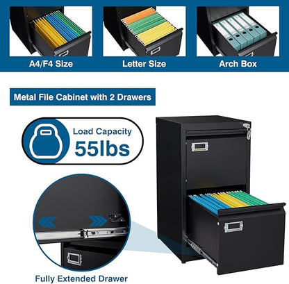 PEUKC 2-Drawer File Cabinet, 16.3" Deep Vertical Metal Filing Cabinet with Lock for Home Office, Anti-Tip 2 Storage Drawers for Letter/Legal/A4/F4 Size (Assemble Required, Black)