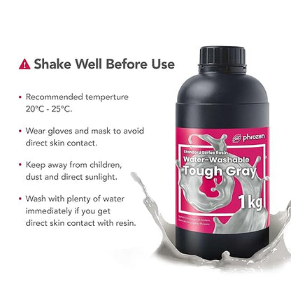 phrozen 3D Printer Water-Washable Rapid Resin [Tough Gray], 405nm LCD UV-Curing Photopolymer Resin, Strong Impact Resistance, High Flexibility, Low Odor, Non-Brittle, Easy to Clean and Cure (1KG)