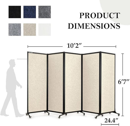 Upgrade Version Room Partition and Divider, Freestanding Rolling Dividers with Wheels,Office Privacy Screen Divider Wall,Classroom Felt Dividers,10'6"L* 6'7"H,5 Panel,Beige