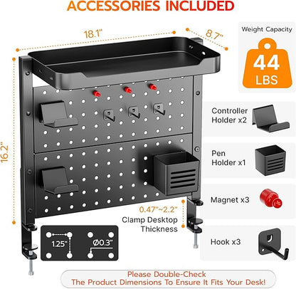 ARES WING Desk Clamp On Pegboard with 16 inches Organizer Shelf, Adjustable Above or Under Desk Storage Shelf Holds 44 lbs, Magnetic Metal Peg Board for Office and Gaming Accessories, Black