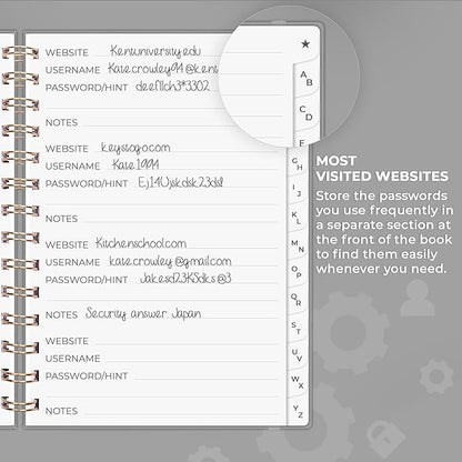 Clever Fox Password Book Spiral – Internet Address & Password Organizer with Laminated Alphabetical Tabs – Password Keeper Journal – Hardcover, Medium Size, 6.1x7.7” (Gray)
