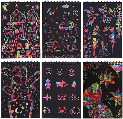 POKONBOY 16 Pack Scratch Arts and Crafts Notebooks, Scratch Note Pads for Kids Rainbow Party Favors Coloring Books for Kids Art Party Supplies Stocking Stuffers（16 Wooden Stylus & 4 Drawing Stencils）