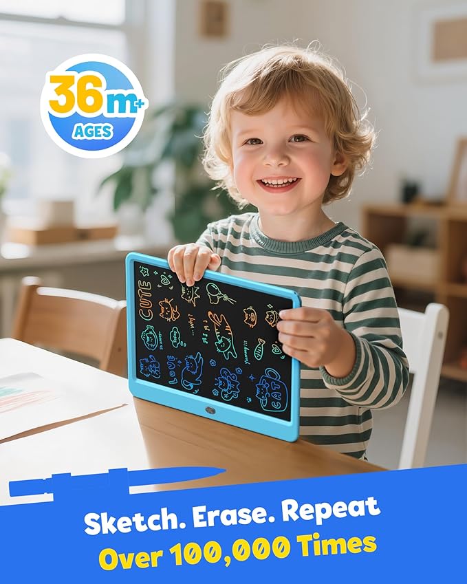 TEKFUN LCD Writing Tablet for Kids Boys Toys, 12 Inch Erasable Doodle Board Colorful Doodle Pad, Mess Free Coloring Board Games Toys Gifts for Toddlers Boys Adults (Blue)