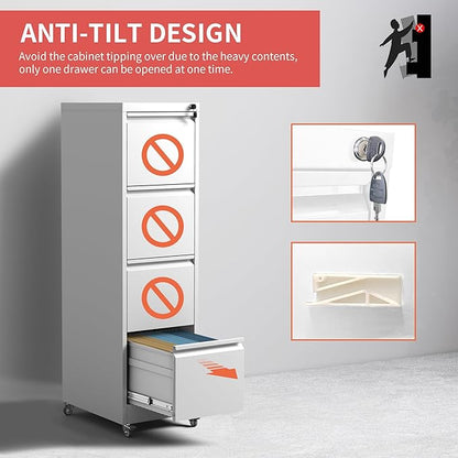 IKIMI 4 Drawer Locking File Cabinet with Wheels,White Metal Mobile Filing Cabinets,Vertical File Cabinet for Home Office,Heavy Duty Rolling Storage Cabinet for A4/Letter/Legal Size,Assembly Required