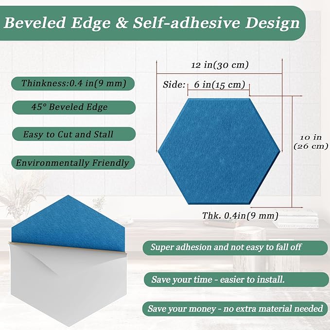 Hexagonal Acoustic Panels-12 Pack High-Density Sound Absorbing Panels 12"X10"X0.4" for Enhanced Noise Reduction, DIY Design, Idea for Studios, Offices, and Home Theaters(Yale Blue)