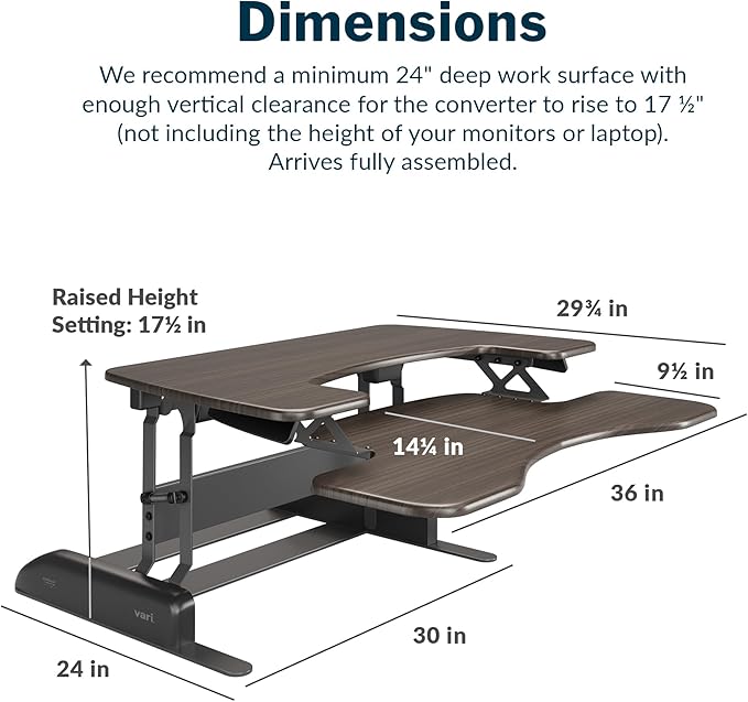 Vari Varidesk Pro Plus 36 Standing Desk Converter for Home Office – 11 Height Settings + Spring-Loader Lift, 2 Tier Design with Keyboard Tray, Fits Tables 26.5" Deep – Fully Assembled (Espresso)
