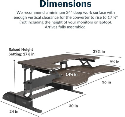 Vari Varidesk Pro Plus 36 Standing Desk Converter for Home Office – 11 Height Settings + Spring-Loader Lift, 2 Tier Design with Keyboard Tray, Fits Tables 26.5" Deep – Fully Assembled (Espresso)