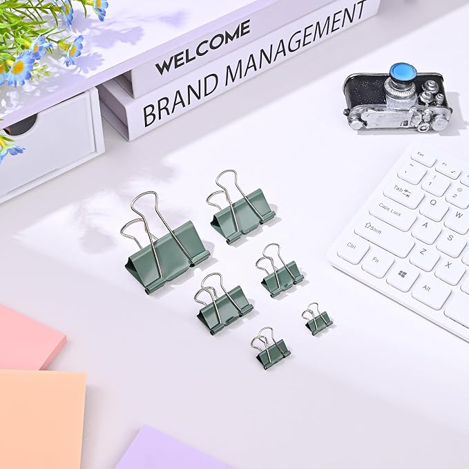 Temiary Aesthetic Binder Clips, Medium Metal Binder Clip with Clear Storage Container, Binding Paperwork Clamps for School Teachers Office Supplies (Green 1.26 Inch, 24P)
