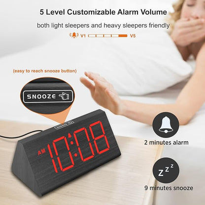 DreamSky Wooden Digital Alarm Clocks for Bedrooms - Electric Desk Clock with Large Red Numbers, USB Port, Battery Backup Alarm, Adjustable Volume, Wood Décor, Dimmer, Snooze, DST (Adapter Powered)