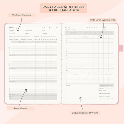&And Per Se Fitness Workout Journal for Men & Women, Workout Log Book Planner with Daily Diet, Gym Exercise & Training Trackers - Undated, A5 Size, Leather Hardcover (Rose Gold)