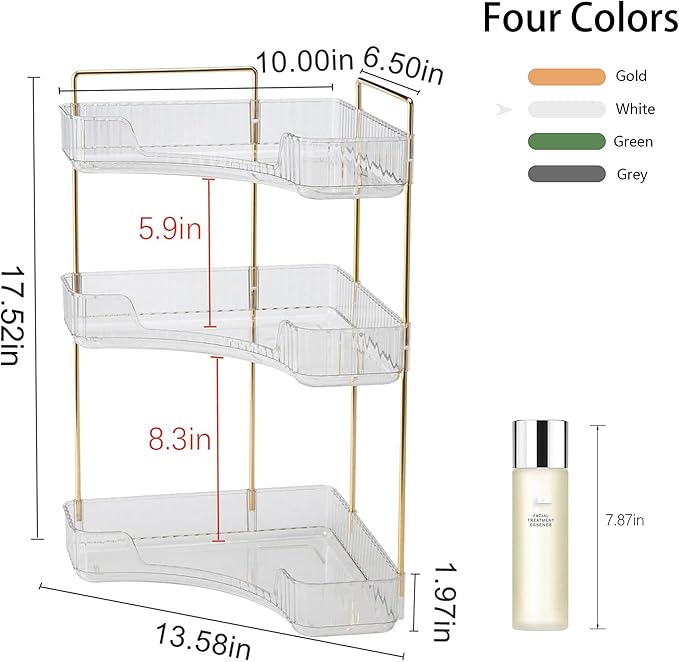 YCIA&DONE Corner Bathroom Counter Organizer, Makeup Organizer for Vanity, Skincare Cosmetic Perfume Tray, Corner Countertop Shelf Rack Storage for Bathroom Kitchen 3 Tiers (Clear White)