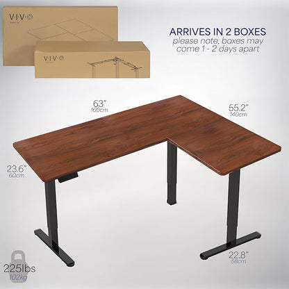 VIVO Electric Corner 63 x 55 inch L-Shaped Standing Desk, Memory Height Adjustment, Dark Walnut Top Black Frame, DESK-E3CTD