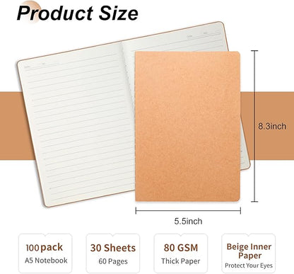 miikoul 100 Pack A5 Kraft Paper Notebook Lined Journal Bulk, 8.3 X 5.5 Inch, 60 Pages/30 Sheets, 80gsm, Travel Notebook Notepad for Adult, Students, Gift, Office, Back to School Supplies