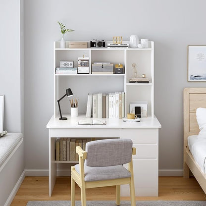 OSCHF Wooden Desktop Hutch Bookshelf - Free Standing Desk Storage Shelf with Top Edge for Computer Desk, Desktop Bookcase for Dorm, Home or Office, Countertop Organizer, White, 45.3"