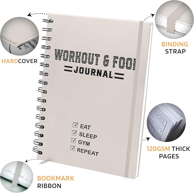 Nextnoid Hardcover Fitness & Food Journal - Workout & Meal Planner Notebook for Women & Men - A5 Sturdy Food Tracker Journal to Track Diet, Gym & Home Workouts - Beige