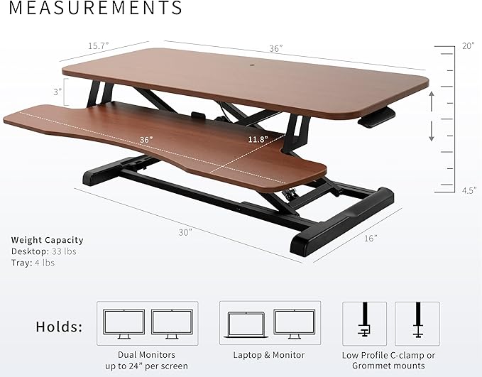 VIVO 36 inch Desk Converter, K Series, Height Adjustable Sit to Stand Riser, Dual Monitor and Laptop Workstation with Wide Keyboard Tray, Dark Walnut Top, Black Frame, DESK-V036KA