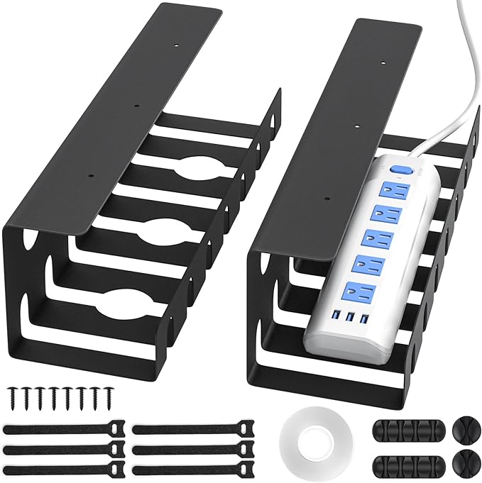 Delamu 2 Pack Metal Under Desk Cable Management Tray, U Channel Cord Organizer Box, Office Under Desk Cord Organizers, Cable Management with Various Accessories, Black, 15.75 Inches