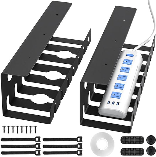 Delamu 2 Pack Metal Under Desk Cable Management Tray, U Channel Cord Organizer Box, Office Under Desk Cord Organizers, Cable Management with Various Accessories, Black, 15.75 Inches