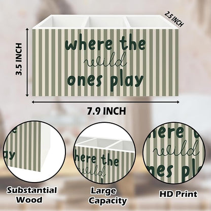 Kids Room Decor Pen Pencil Holder Organizer for Desk, Sage Green Striped Play Room Wooden Box Signs Decorations for Kids Boys Girls Room Bedroom Playroom Desk Tabletop