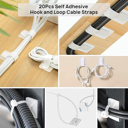 Ditar 193 PCS Cable Management Kit - 4 Cable Sleeve, 57 Self Adhesive Cable Clips, 12 Hanging Strips, 12 Cable Organizer Straps and 100 Fastening Cable Ties for TV Computer Under Desk (White)