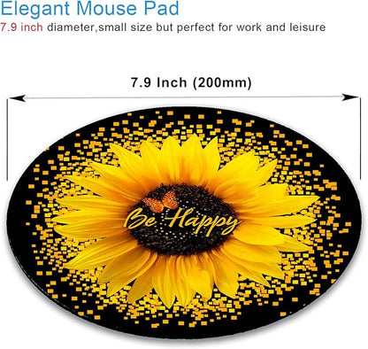 IMAYONDIA Round Mouse Pad, Sunflower and Butterfly Mouse Pad, Yellow Flower Mouse Mat, Inspirational Quote Be Happy Mousepad, Non-Slip Rubber Base MousePads for Office Laptop Computer, 7.9 x 7.9 Inch
