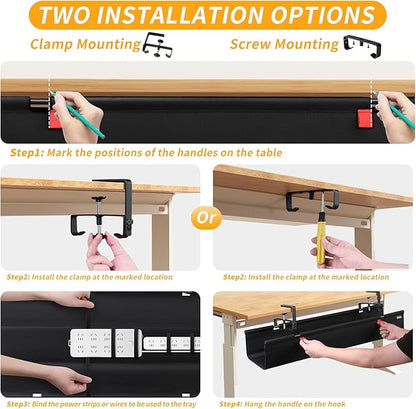 SUREUP9 No Drill Under Desk Cable Management Tray, 36" Cord Organizer with Clamp, Fabric Cable Management for Standing Desks, Ideal for Home & Office - Black