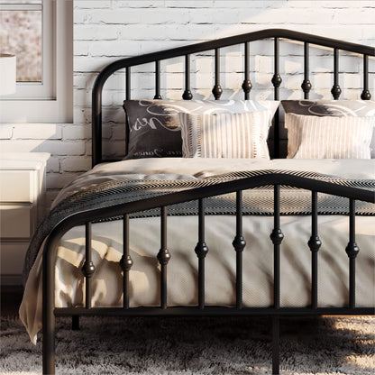 Full Size Metal Bed Frame with Wrought Iron-Art Headboard, Black
