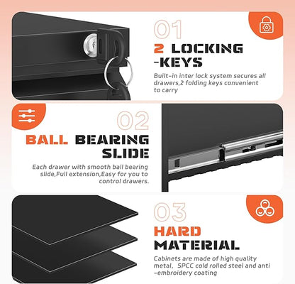 INTERGREAT Mobile File Cabinet with Lock,Under Desk Rolling Metal Filing Cabinet for Home Office, Black 2 Drawer File Cabinets with Wheels for Legal/Letter/A4 File