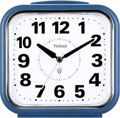 Tinload 5.5" Large No Ticking Analog Alarm Clock,Silent Readable for Seniors,Easy to Set,Gradual Rise Alarm,Big Numbers,Gentle Wake,Snooze, Lighted on Demand,Battery Operated,Blue