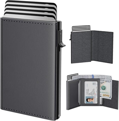 typecase Mens Wallet Card Holder: Pop Up Aluminum Case, Premium Genuine Leather, Smart, RFID Blocking, Slim, Minimalist, Front Pocket - 9-14 Card Capacity | ID Window | Cash Slot - Deep Grey