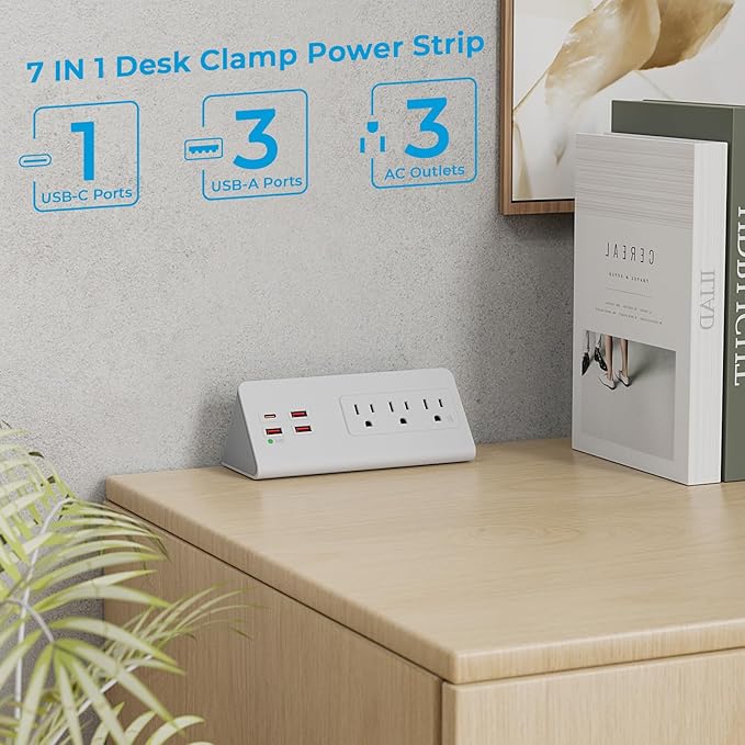 Nightstand Power Strip with USB C, Haiaoyyds Desk Edge Mount Power Hub with 3 Outlets, 4 Fast Charging USB Ports, and 6.56FT Flat Plug Extension Cord for Desk Home Office Accessories, White