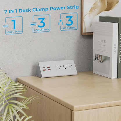 Nightstand Power Strip with USB C, Haiaoyyds Desk Edge Mount Power Hub with 3 Outlets, 4 Fast Charging USB Ports, and 6.56FT Flat Plug Extension Cord for Desk Home Office Accessories, White