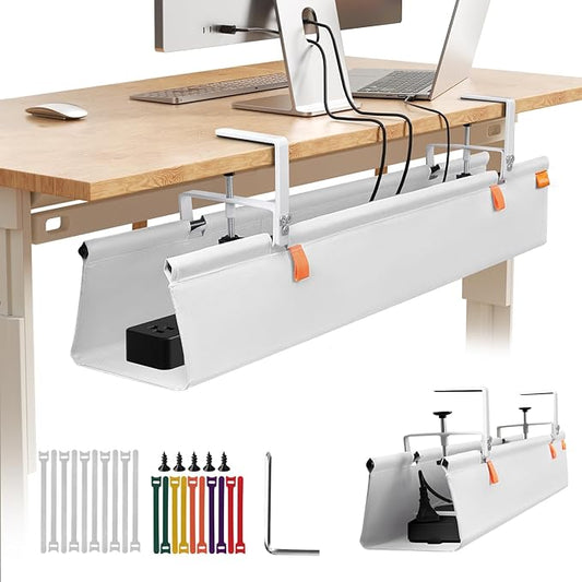 SUREUP9 No Drill Under Desk Cable Management Tray, 36" Cord Organizer with Clamp, Fabric Cable Management for Standing Desks, Ideal for Home & Office - White