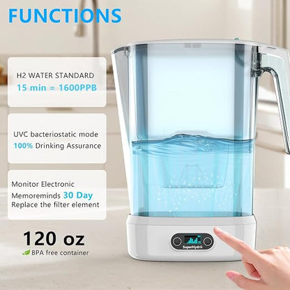 Hydrogen Water Filter Pitcher - BPA Free Rich Hydrogen Water Generator Electrolysis Jug with SPE/PEM. Removes 99% of Lead, Microplastics, PFAS & Chlorine – Advanced UltraFiltration Technology