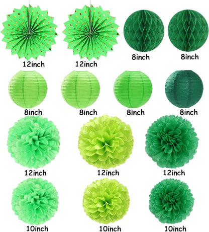 Green Party Decorations Streamers Lanterns - 14pcs St Patricks Day Paper Lanterns Fan,Tissue Pom Poms,Honeycomb Spring Summer Birthday Wedding Engagement Baby Shower Decor Ouruola