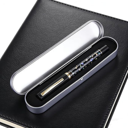 Jinhao 58 Fountain Pen - Natural Sea Shell Inlay Fine Nib Writing Pen with 3.4mm Ink Converter & Silver Metal Gift Box,Matte Black