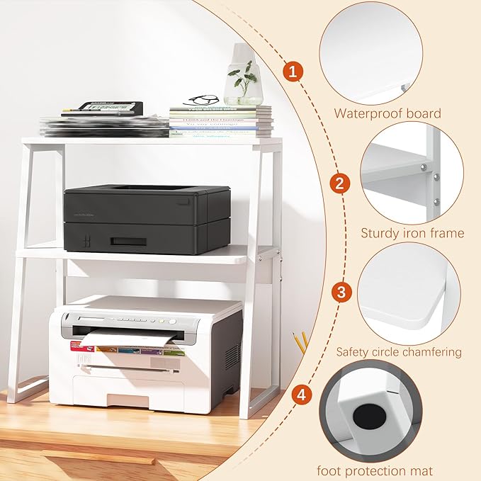 Arbuxzuy Printer Stand for Desk, Desktop Printer Shelf, 3 Tier Desk Shelf for top of Desk, Large Printer Stands Office Organization Shelves for Home Office Printer Fax Book, White