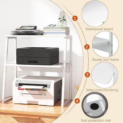 Arbuxzuy Printer Stand for Desk, Desktop Printer Shelf, 3 Tier Desk Shelf for top of Desk, Large Printer Stands Office Organization Shelves for Home Office Printer Fax Book, White