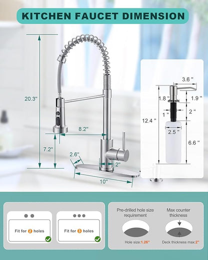 Brushed Nickel Kitchen Sink Faucet: Stainless Steel Kitchen Faucets with Soap Dispenser - 3-Function Single Handle Kitchen Faucets with Pull Down Sprayer for Farmhouse RV Laundry