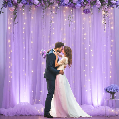 Lavender Tulle Backdrop Curtain with Lights String for Wedding Baby Shower 20×8ft Lavender Sheer Backdrop Curtain for Bridal Shower Birthday Party Photoshoot Background Decorations(4 Panels 5×8ft)