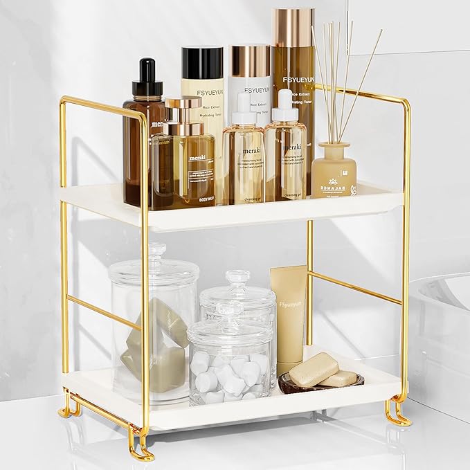 FSyueyun 2-Tier Bathroom Countertop Organizer, Tool-Less Installation Premium Plastics Makeup Shelf Organizer Perfume Skincare for Dresser Vanity Tray Organizers and Storage (Gold)