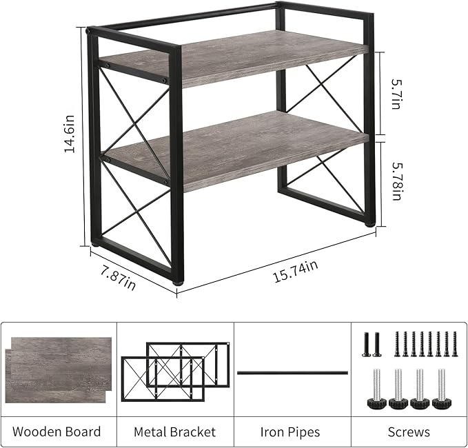 YINMIT Desktop Shelf Organizer, 2 Tier Office Shelves, Wood Desk Organizer Storage Rack and Freestanding Display Shelf for Office, Dormitory, Home (Grey)